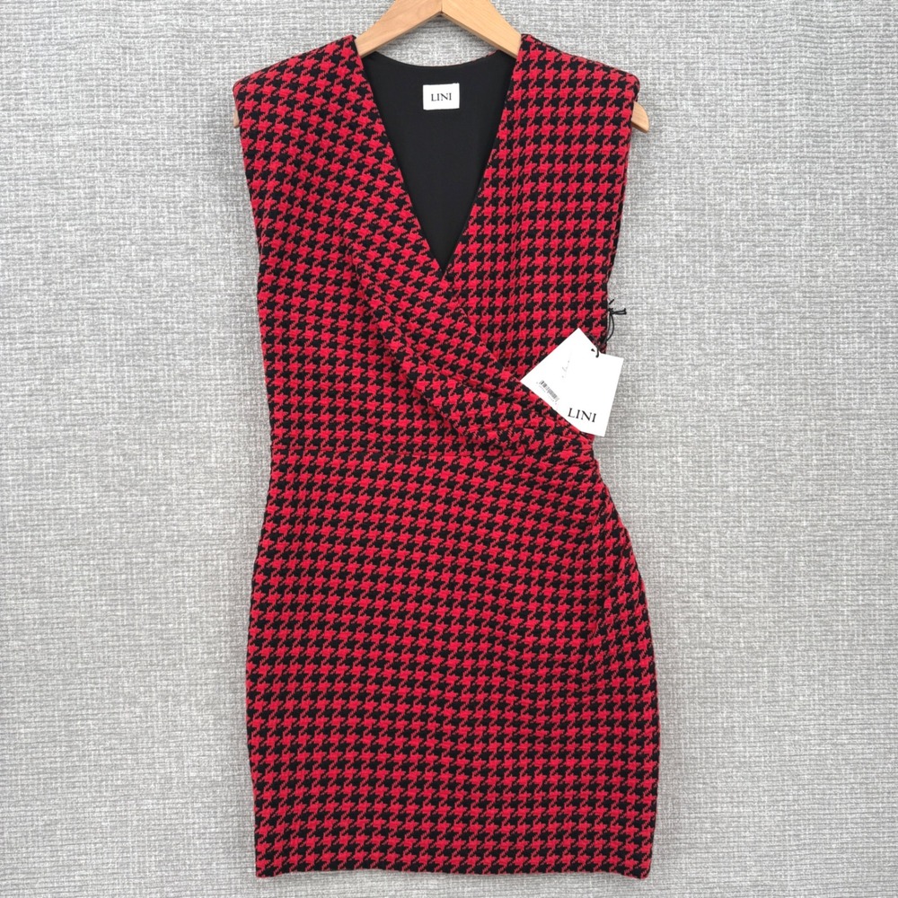Lini Red Houndstooth Surplice Sleeveless‎ Sheath Dress Sz M Party Mini Cocktail - Picture 2 of 14